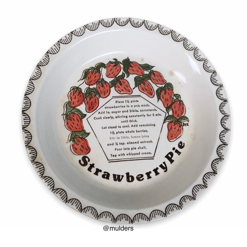 Vintage White Strawberry Pie Graphic & Recipe Baker Pie Dish